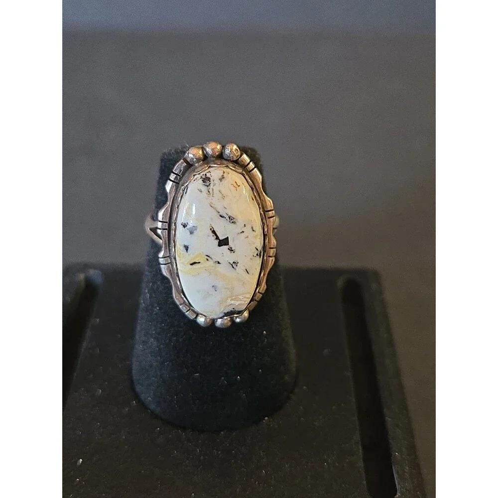 VINTAGE LH SIGNED NAVAJO STERLING SILVER WHITE BUFFALO TURQUOISE RING SIZE 7